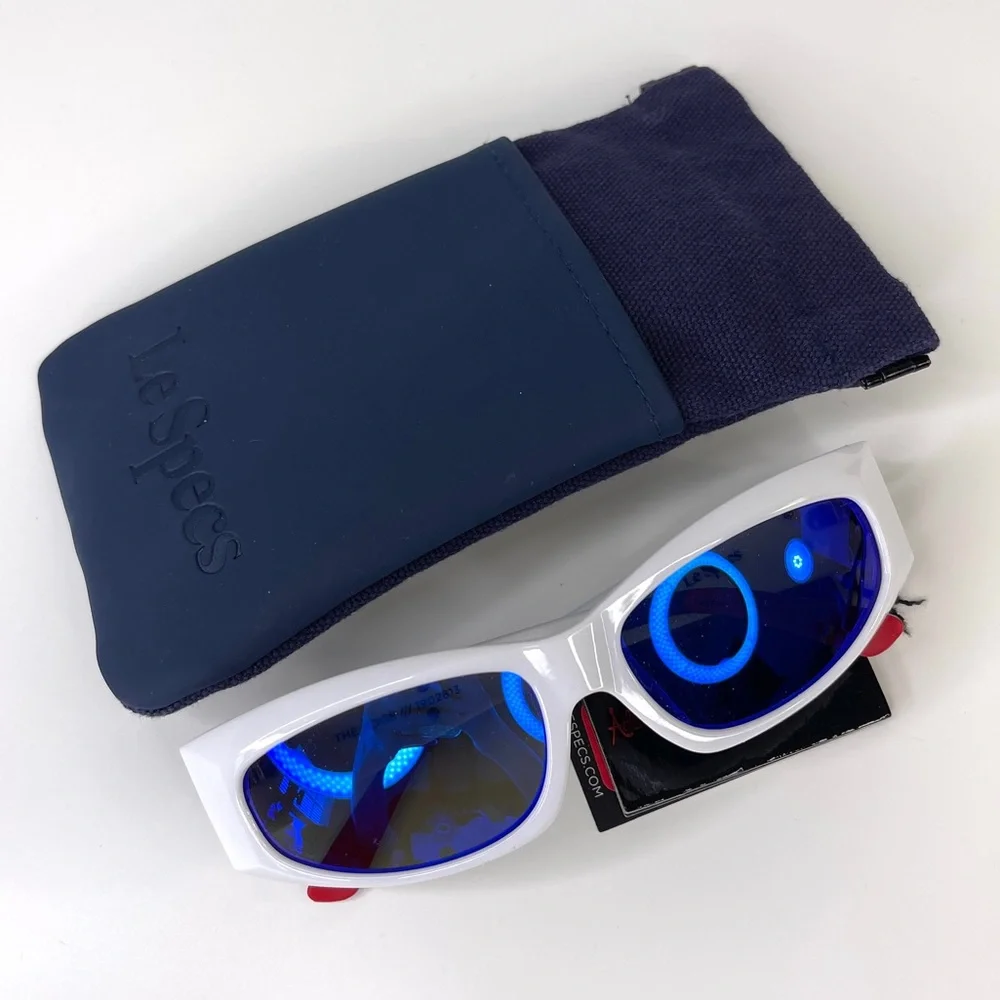 LE SPECS Adam Selman The Edge Sunglasses NEW White WIth Blue Mirror Lenses